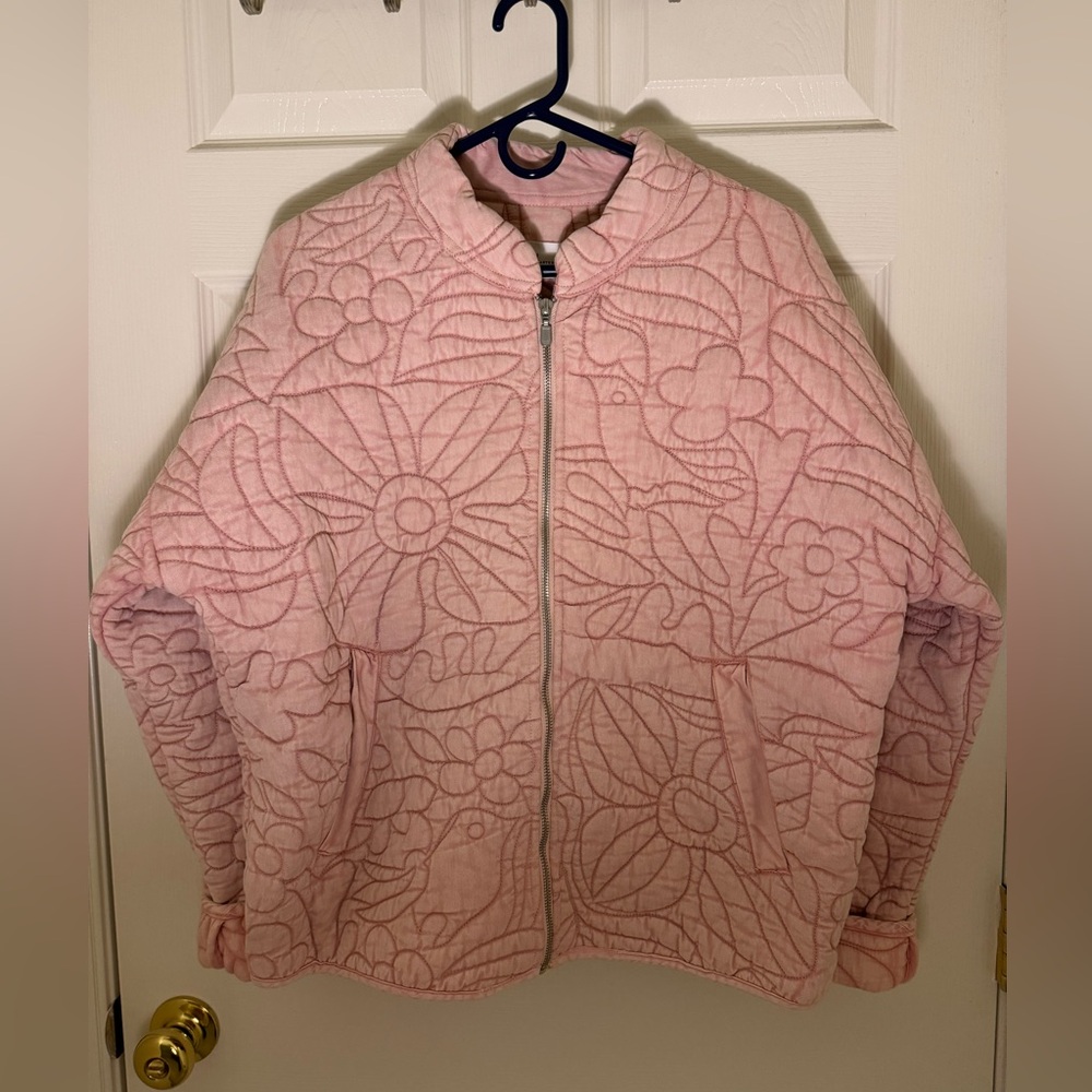 Anthropologie Pink Floral Quilted Bomber Jacket